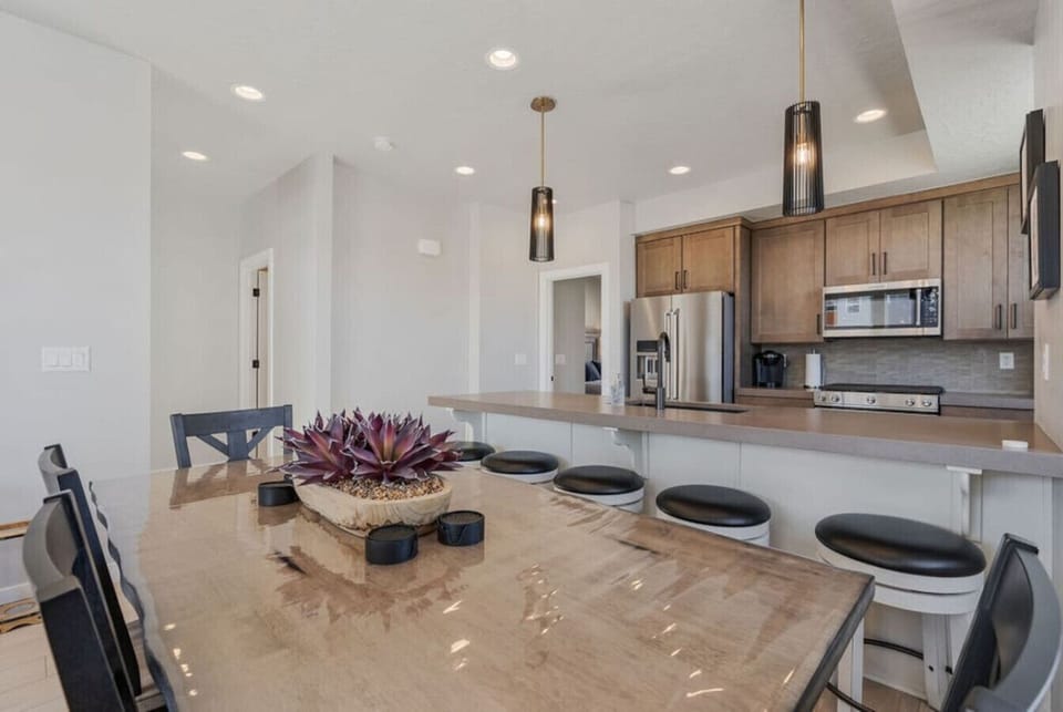 Spacious dining table with seating