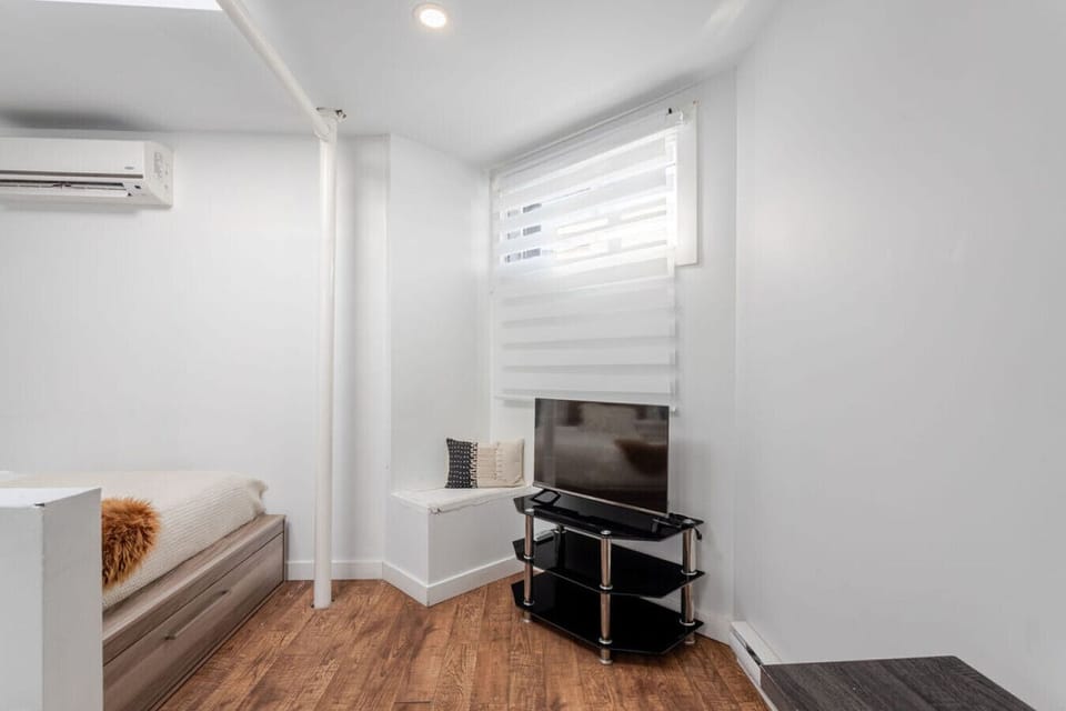 Spacious and simple setup with natural light, TV, and flexible sleep space