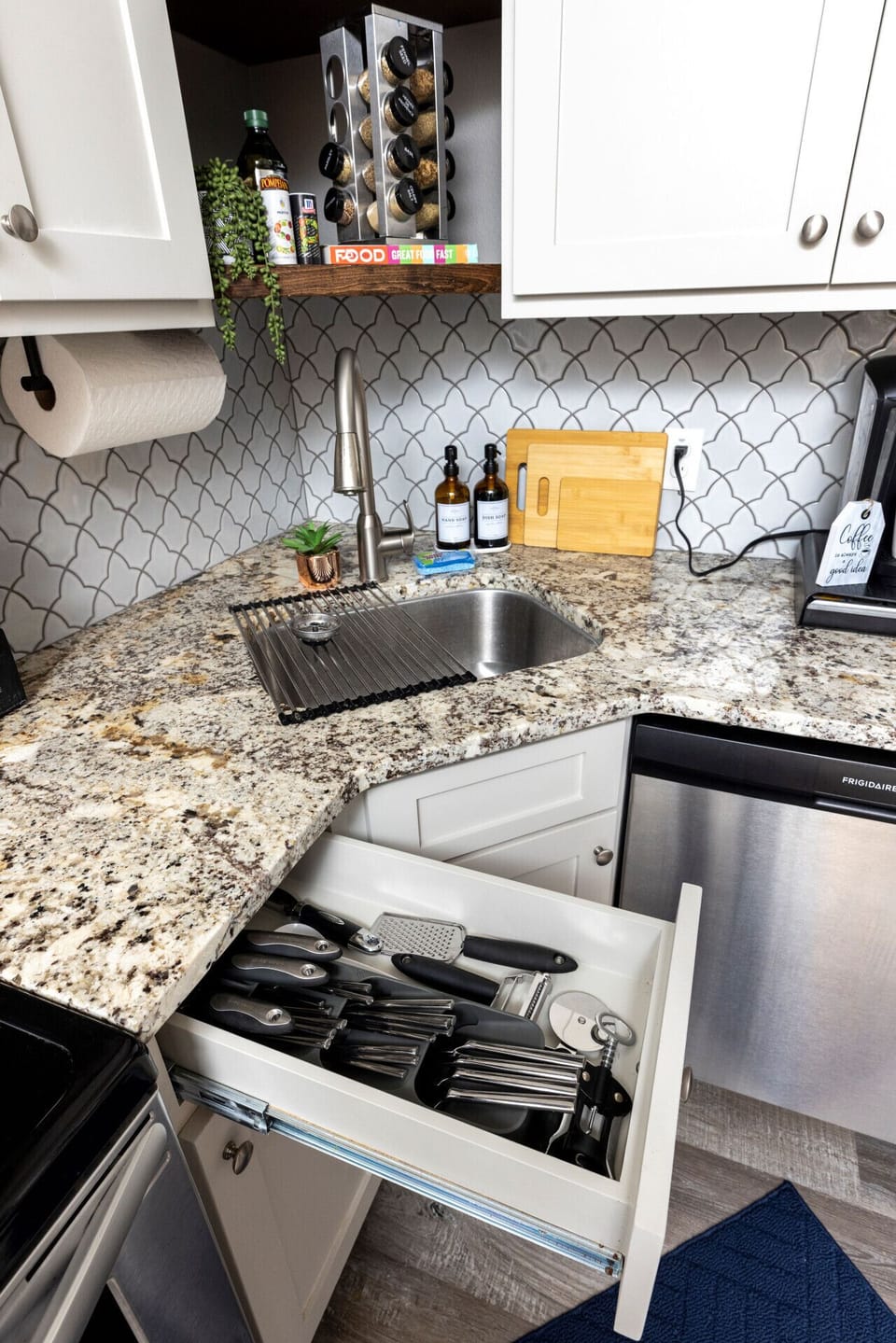 Our kitchen comes fully equipped with a set of cutleries, spice rack, and cocktail essentials — everything you need for a hassle-free stay.
