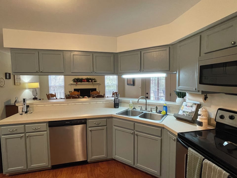 View of the kitchen looking into the dining room. 