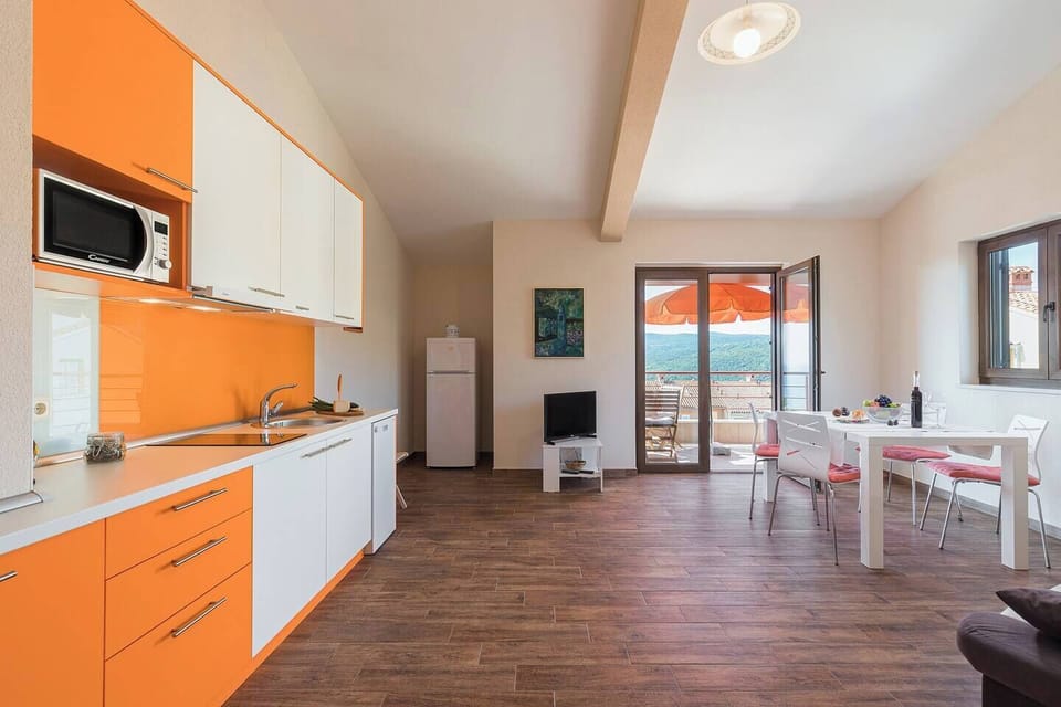 Living room (kitchen, fridge, TV, dining table)