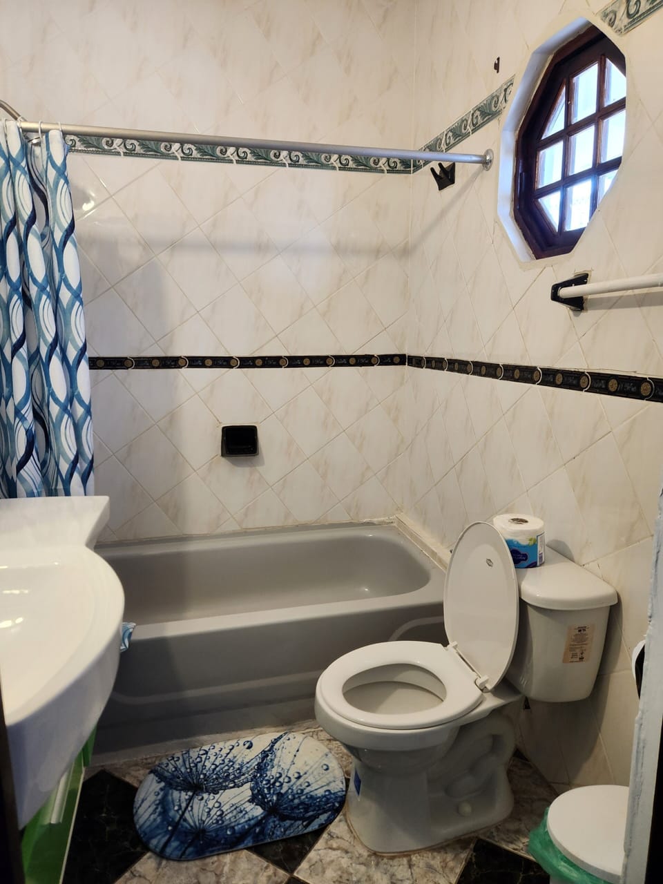 Bathtub, towels, soap, toilet paper