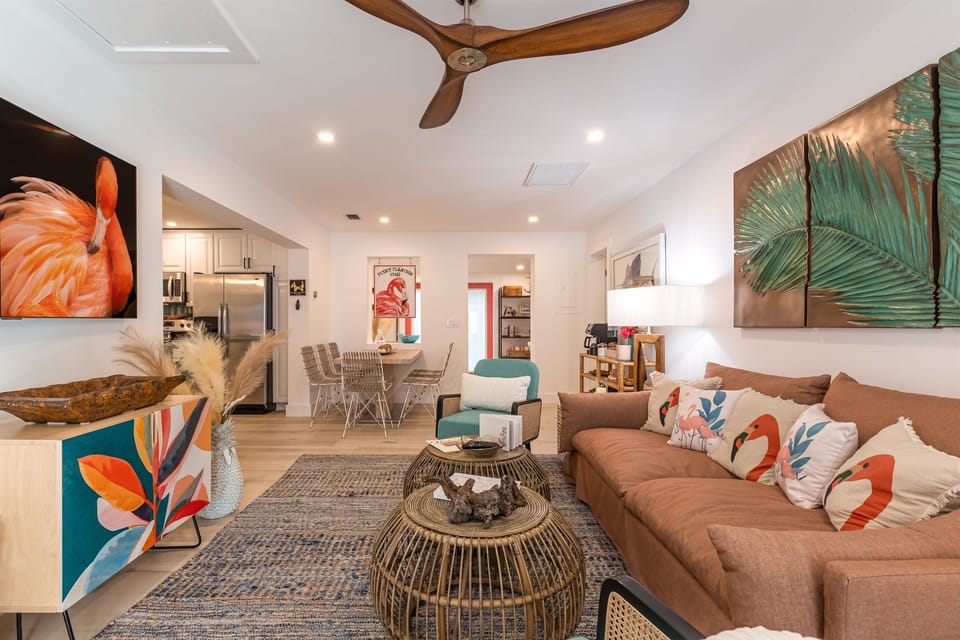 Living Room: Vibrant decor and tropical vibes invite relaxation after your Key West adventures!