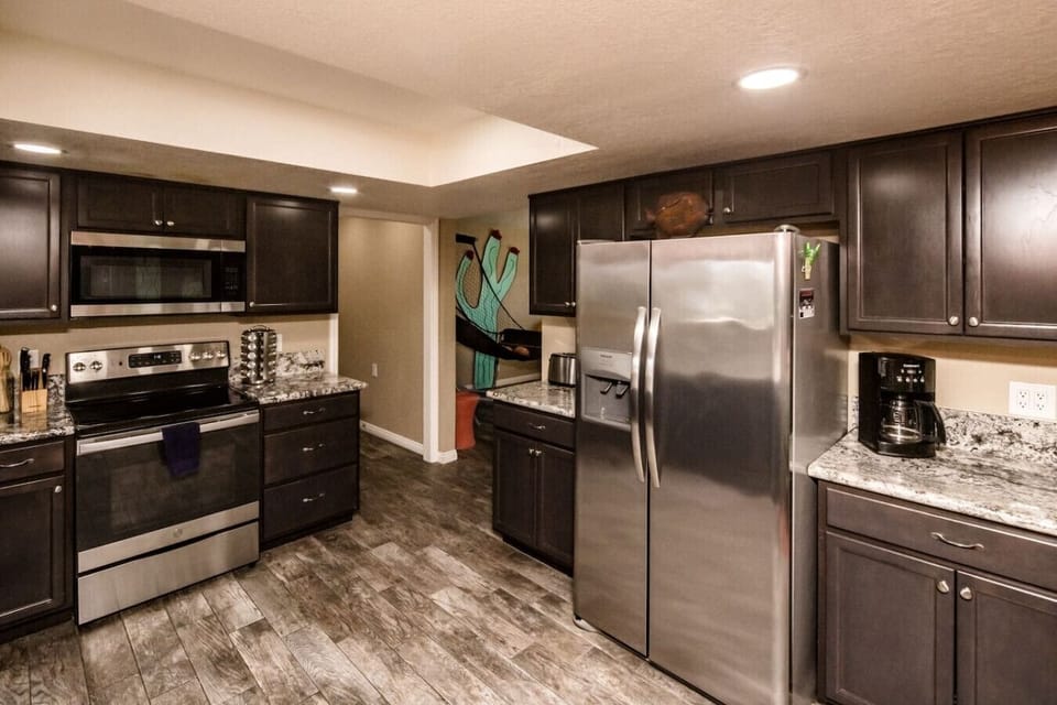 Stainless steel appliances, ample counter space, and everything you need to cook.