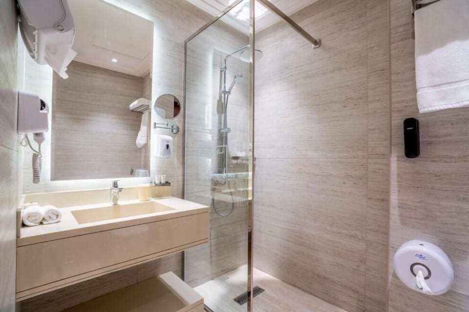 Separate tub and shower, hair dryer, bathrobes, slippers