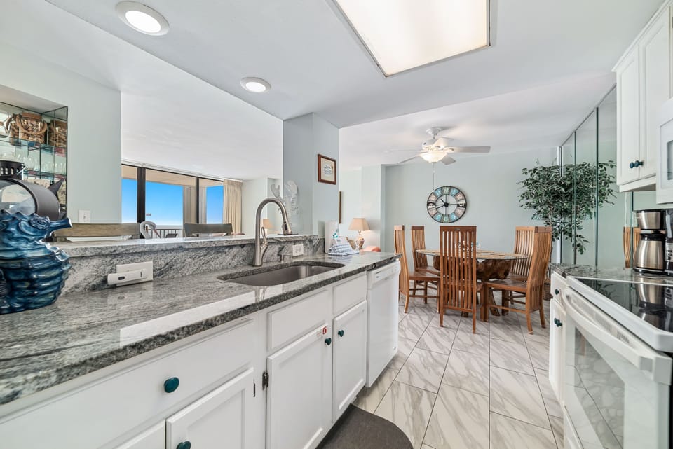 Kitchen overlooks the living area