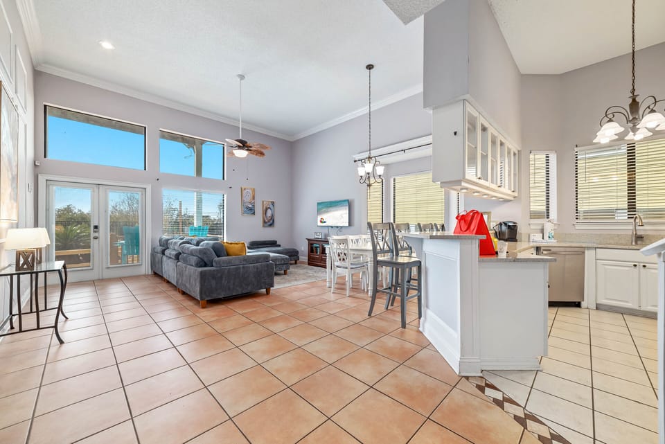 Kitchen overlooks the living area