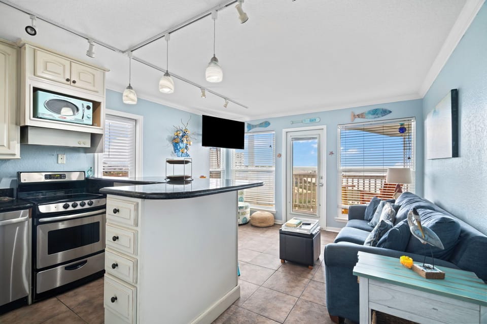 Kitchen with high counters.