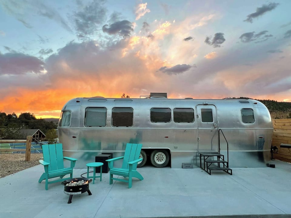 Sunset views at Airstream Dream, a cozy Airstream glamping unit with private outdoor space at East Zion Resort near Zion National Park and Bryce Canyon.