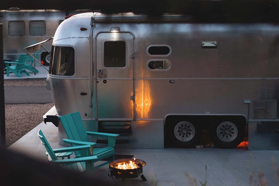 Vintage Airstream charm at East Zion Resort, surrounded by peaceful Southern Utah scenery near Zion National Park and Bryce Canyon.