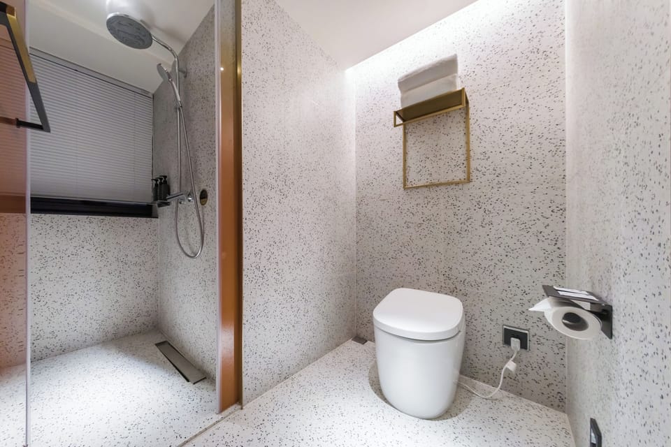 Hair dryer, slippers, towels, soap