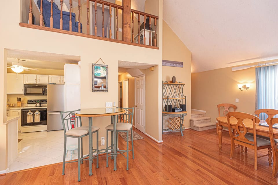 Everyone can sit down and enjoy a meal with a family dining table or a high top for two!