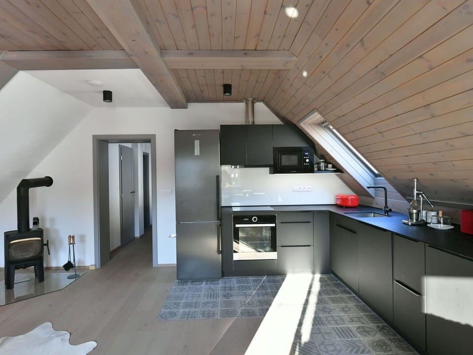 Flooring, Wood, Kitchen, Countertop, Floor, Interior Design, Ceiling, Furniture, Attic, Wood Flooring