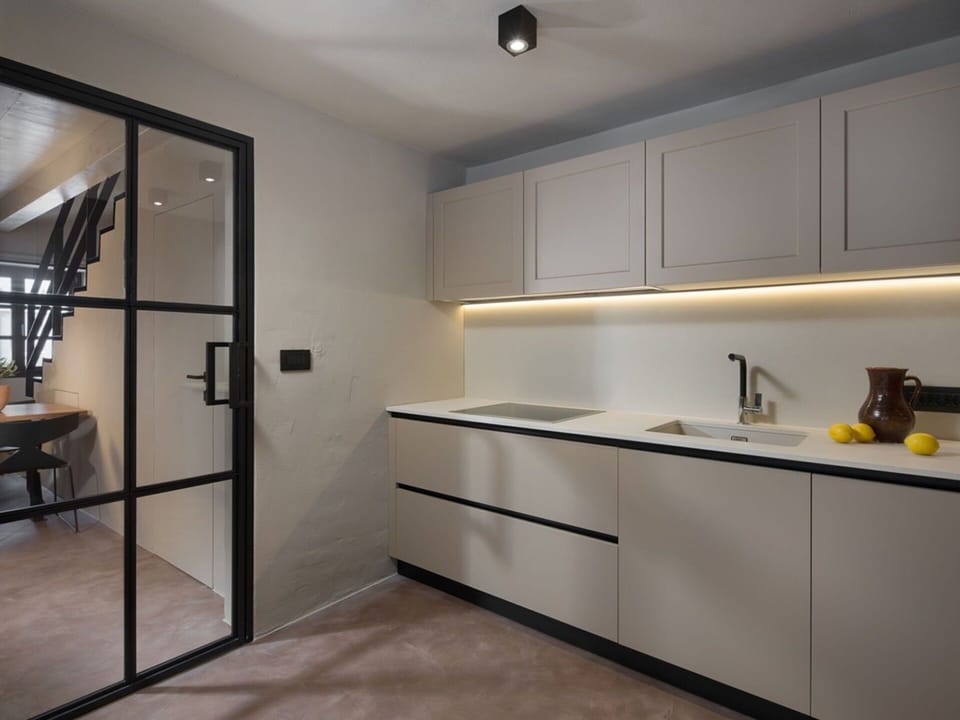 Interior Design, Light Fixture, Flooring, Ceiling, Floor, Kitchen, Door, Countertop, Cabinetry