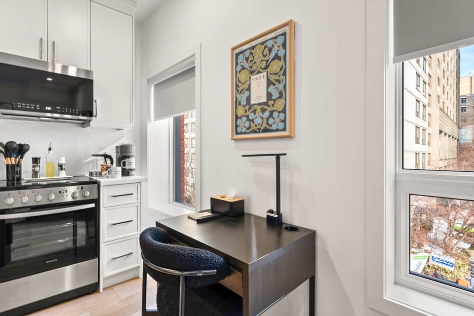 Dedicated workspace with a sleek desk, ideal for remote work.