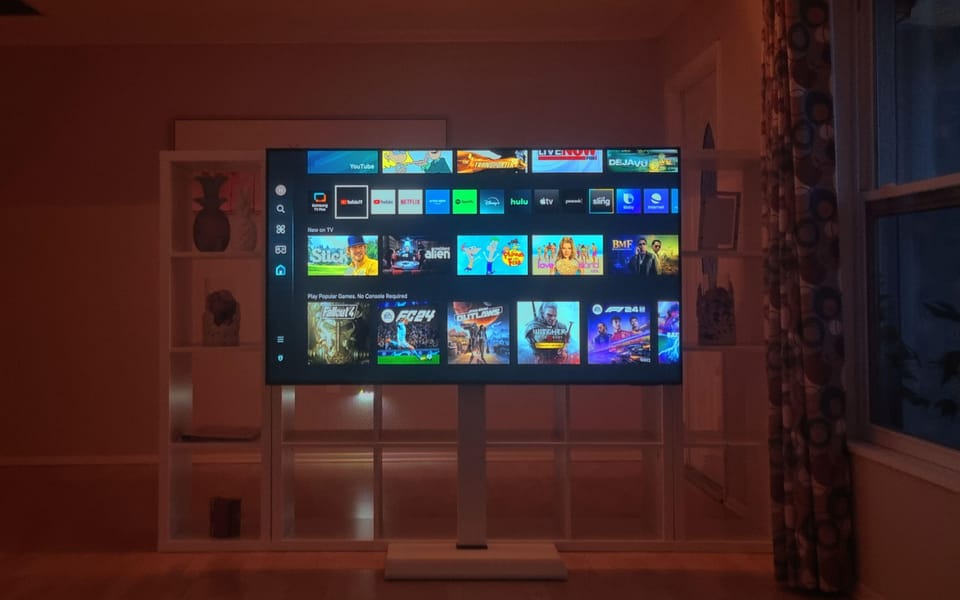 Cozy living room with a large smart TV for movie nights
