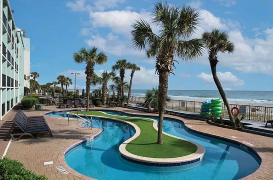 Oceanfront lazy river winds through palms for a relaxing float near the beach.