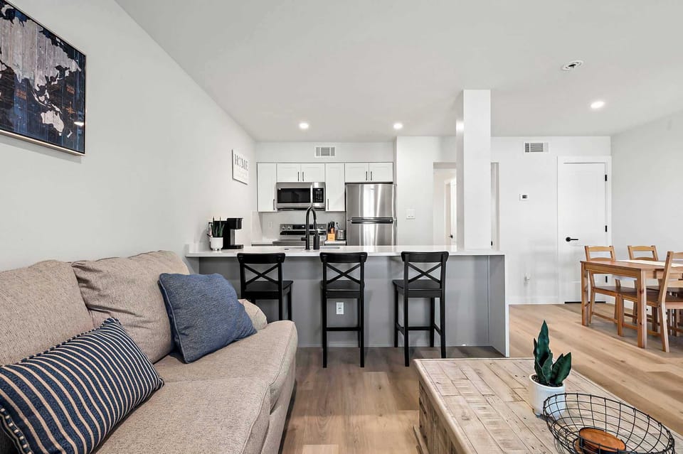 Living area and full kitchen