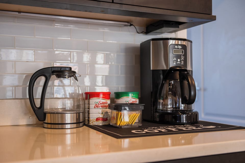 Coffee station featuring Regular, Decaf, and Tea