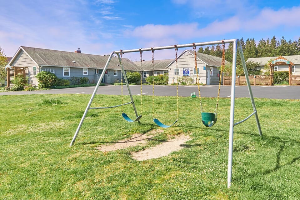 Outdoor children’s swing set with three seats— perfect for hours of backyard playtime.