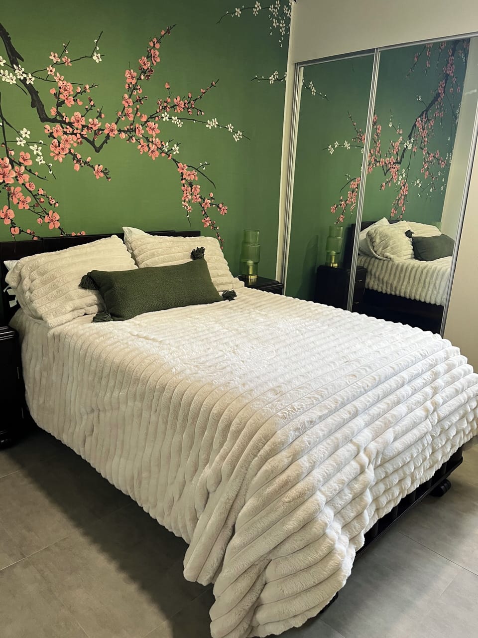 Cherry blossom room with full and twin bed
