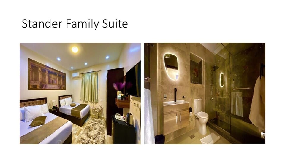 Combined shower/tub, free toiletries, hair dryer, slippers