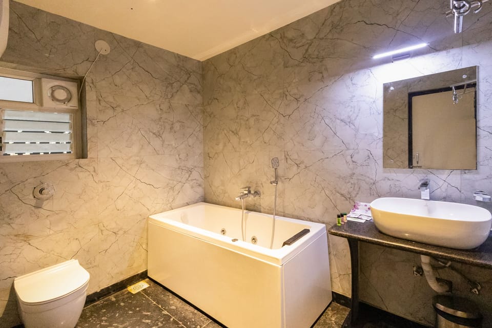 Shower, rainfall showerhead, hair dryer, slippers