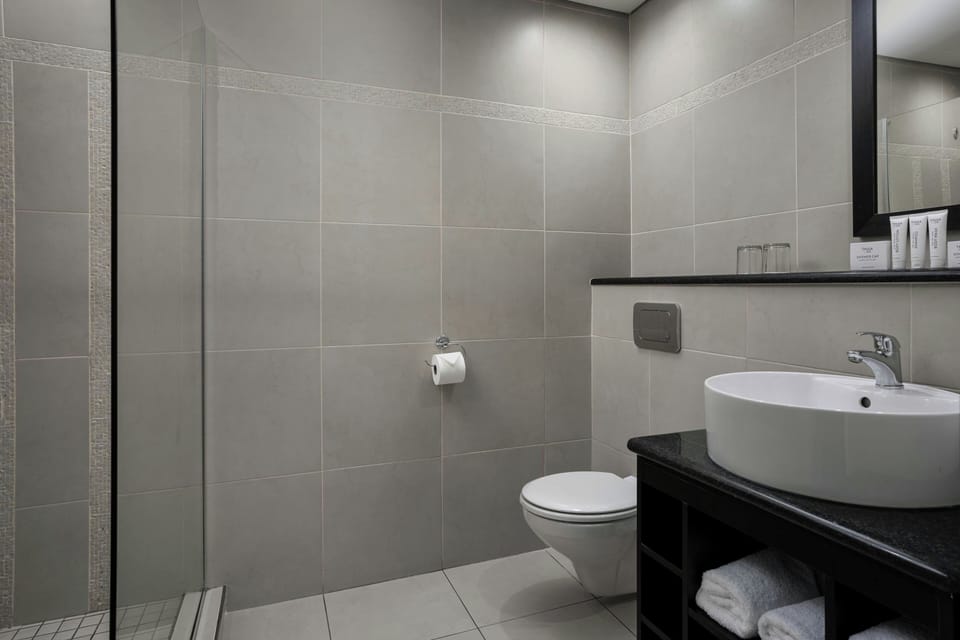 Combined shower/tub, free toiletries, hair dryer, towels