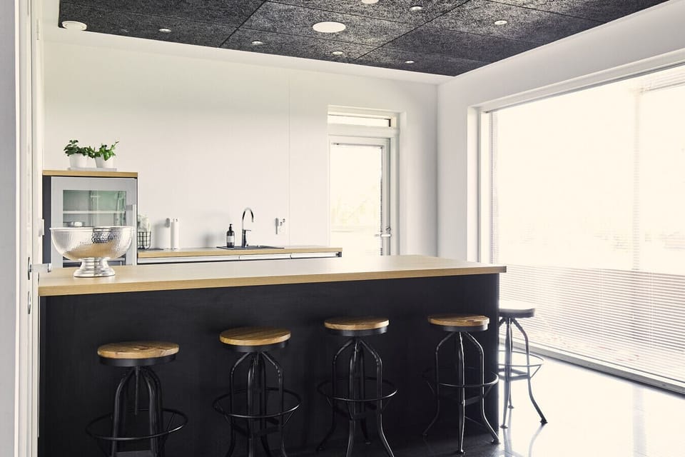 Contemporary kitchen island with bar seating and large windows for natural light.