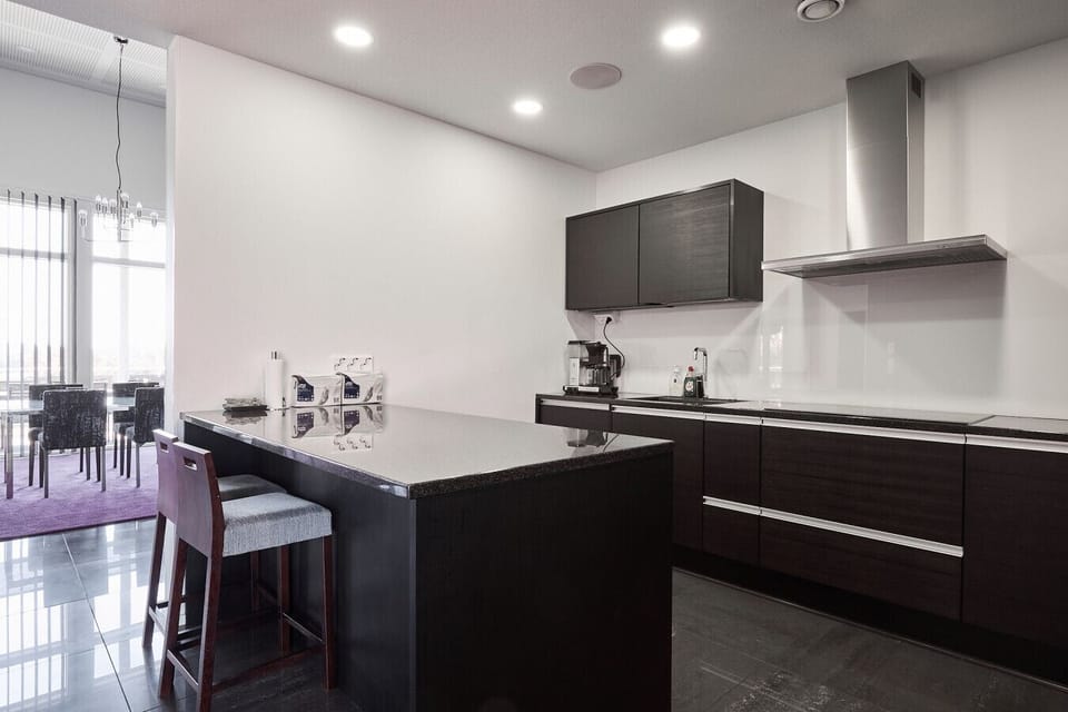 Modern minimalist kitchen featuring premium appliances and ample counter space