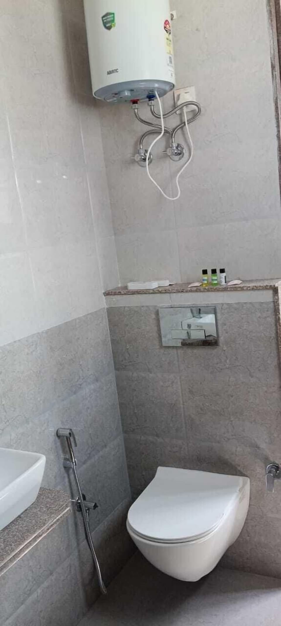 Shower, slippers, towels, soap