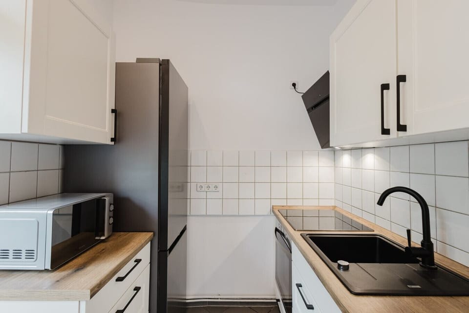 Compact modern kitchen with stove, oven, and everything needed for cooking.