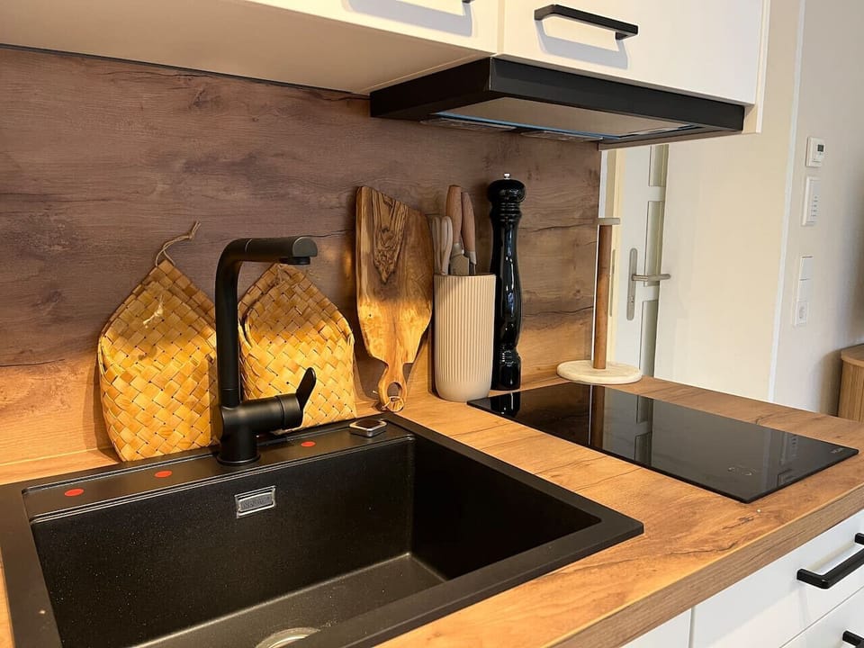 Cooktop and sink.