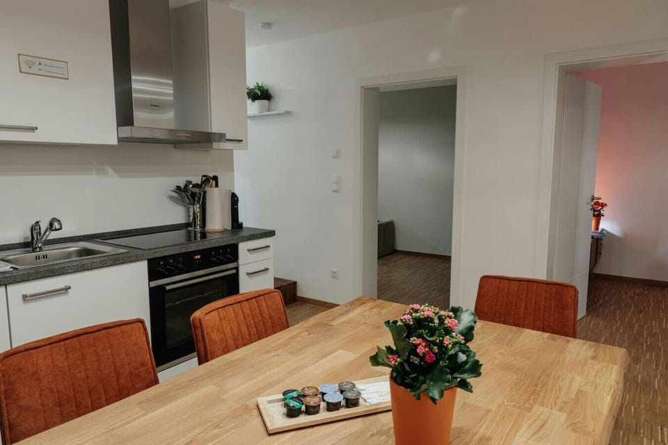 Open-concept view from the dining area into the rest of the apartment – functional layout meets cozy style.