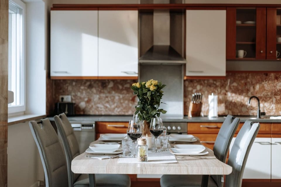 The open kitchen and dining area.