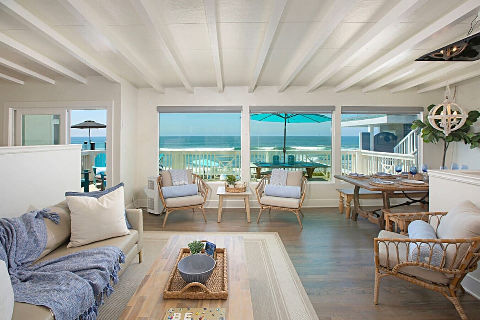 Oceanfront beach house in Oceanside, California with no street or sidewalk between the home and the sand. Wake up directly on the beach and enjoy one of the most desirable beachfront vacation rentals in Southern California.