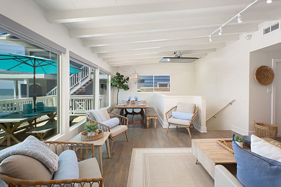 Oceanfront beach house in Oceanside, California with no street or sidewalk between the home and the sand. Wake up directly on the beach and enjoy one of the most desirable beachfront vacation rentals in Southern California.