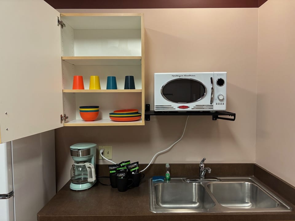 Full-size fridge, microwave