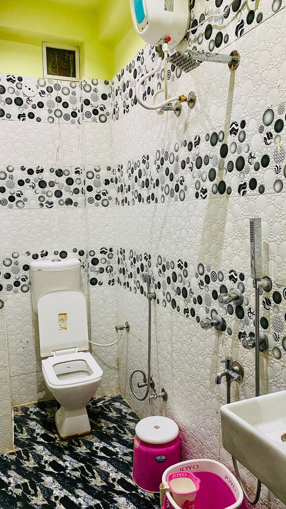 Shower, slippers, towels, soap