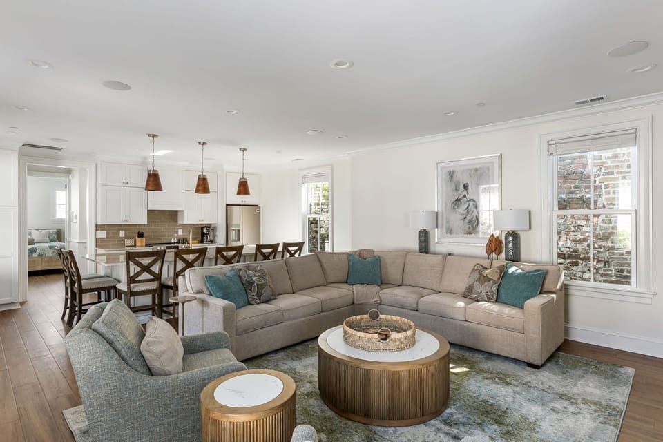 Open concept living space comfortably seats 10 