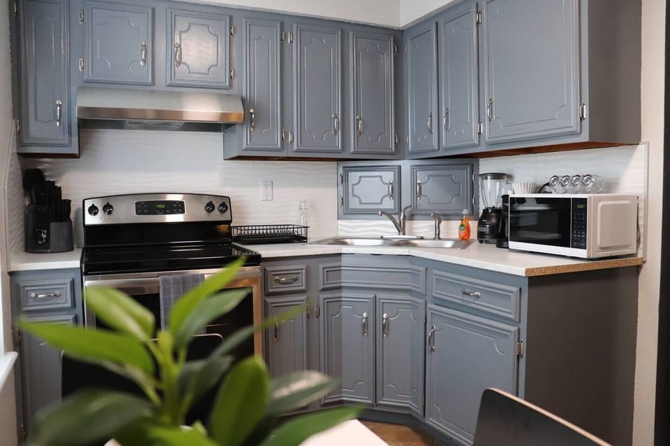 Full kitchen with many amenities for short or long stays. 