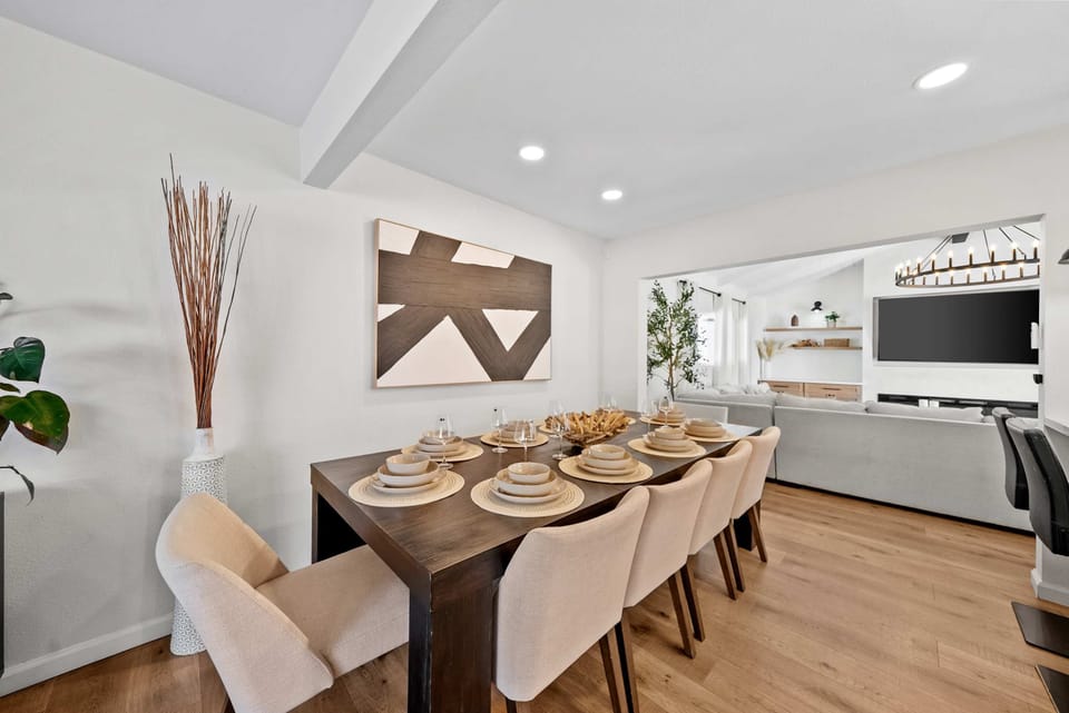 Elegant dining space with modern chandelier