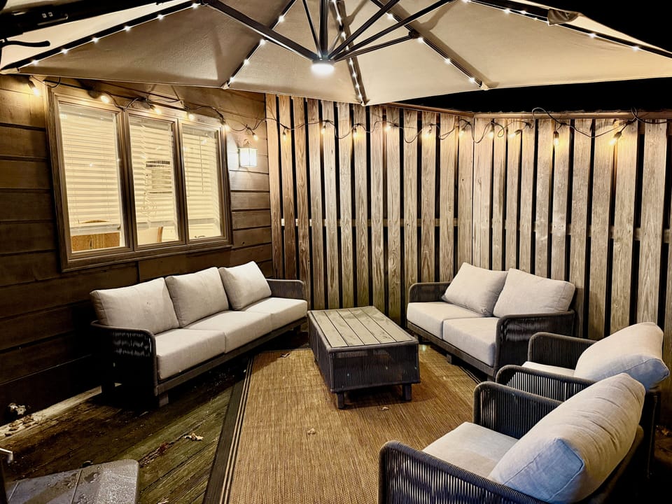 Outdoor comfortable seating on deck. 