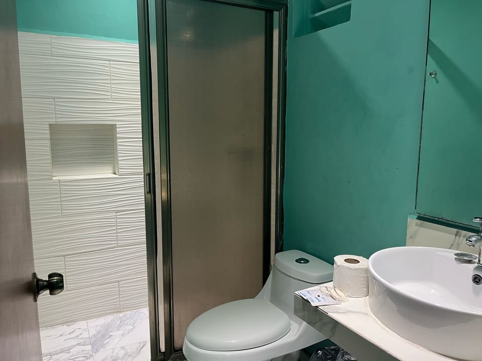 Shower, towels, soap, shampoo