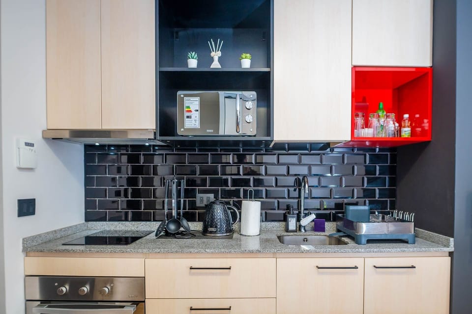 Apartment | Private kitchen | Full-size fridge, microwave, oven, stovetop