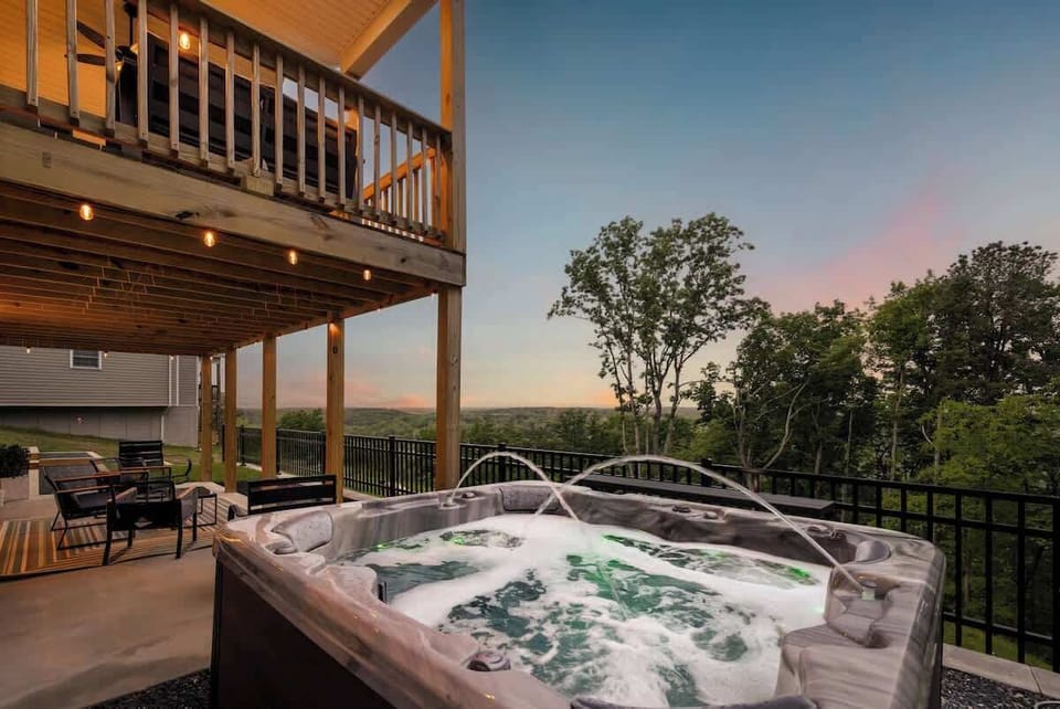 Hot tub on private deck at sunset over the Shenandoah Valley