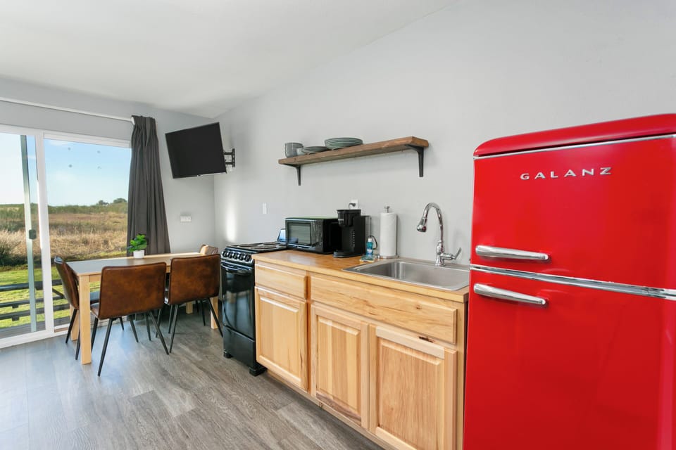Bright kitchen with modern essentials and a playful retro touch