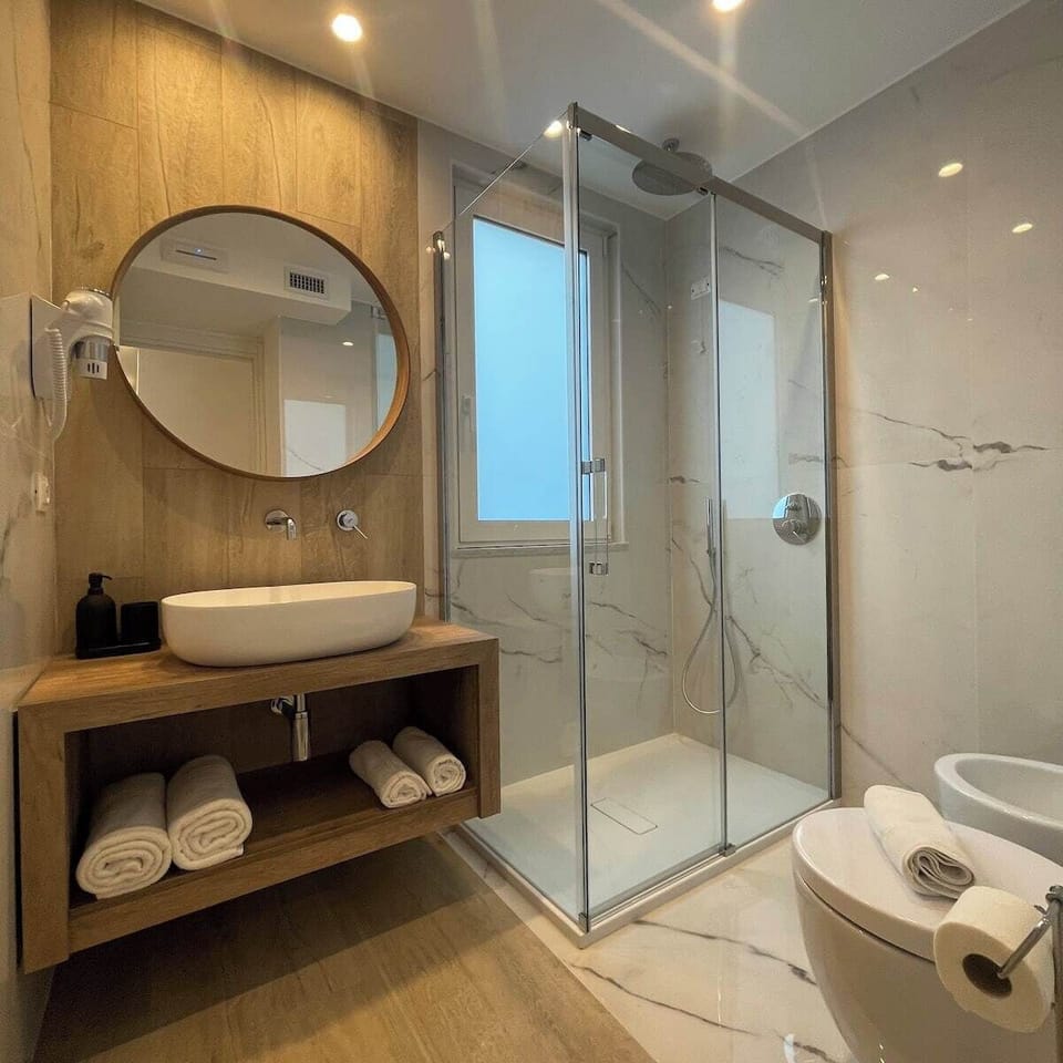 Hair dryer, bidet, towels, soap