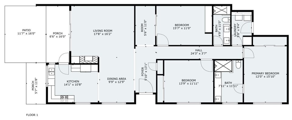 Clean layout floor plan showing the home’s spacious flow between living, kitchen & bedroom areas