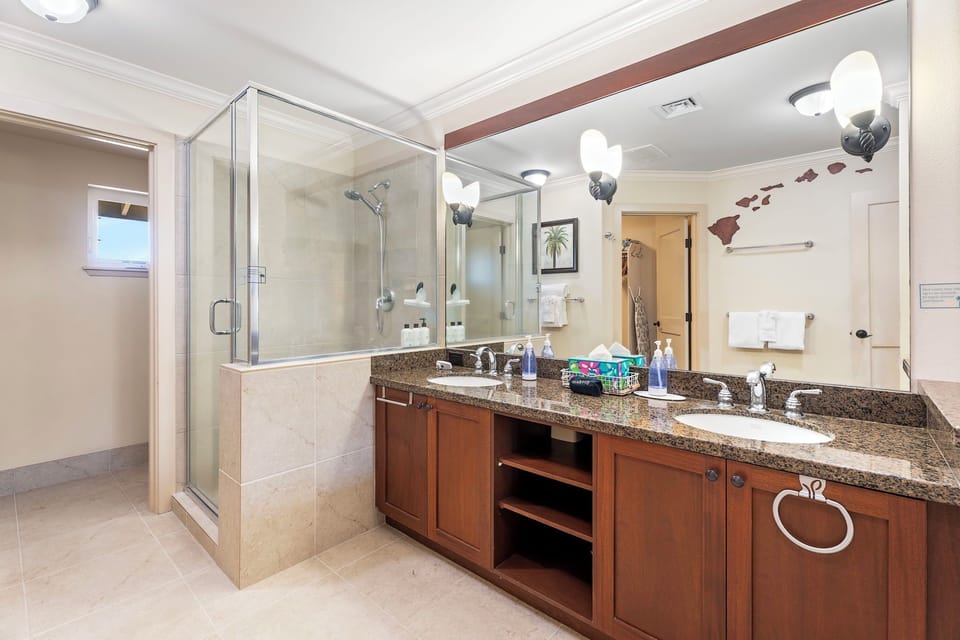 Primary Bathroom with Dual Vanities and Walk In Shower